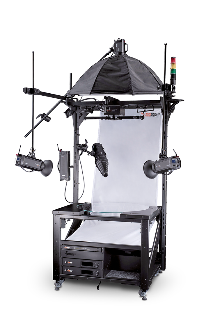 PhotoRobot 850 mm gwydr turntable gyda goleuadau strôb ffotograffiaeth a chefndir gwyn