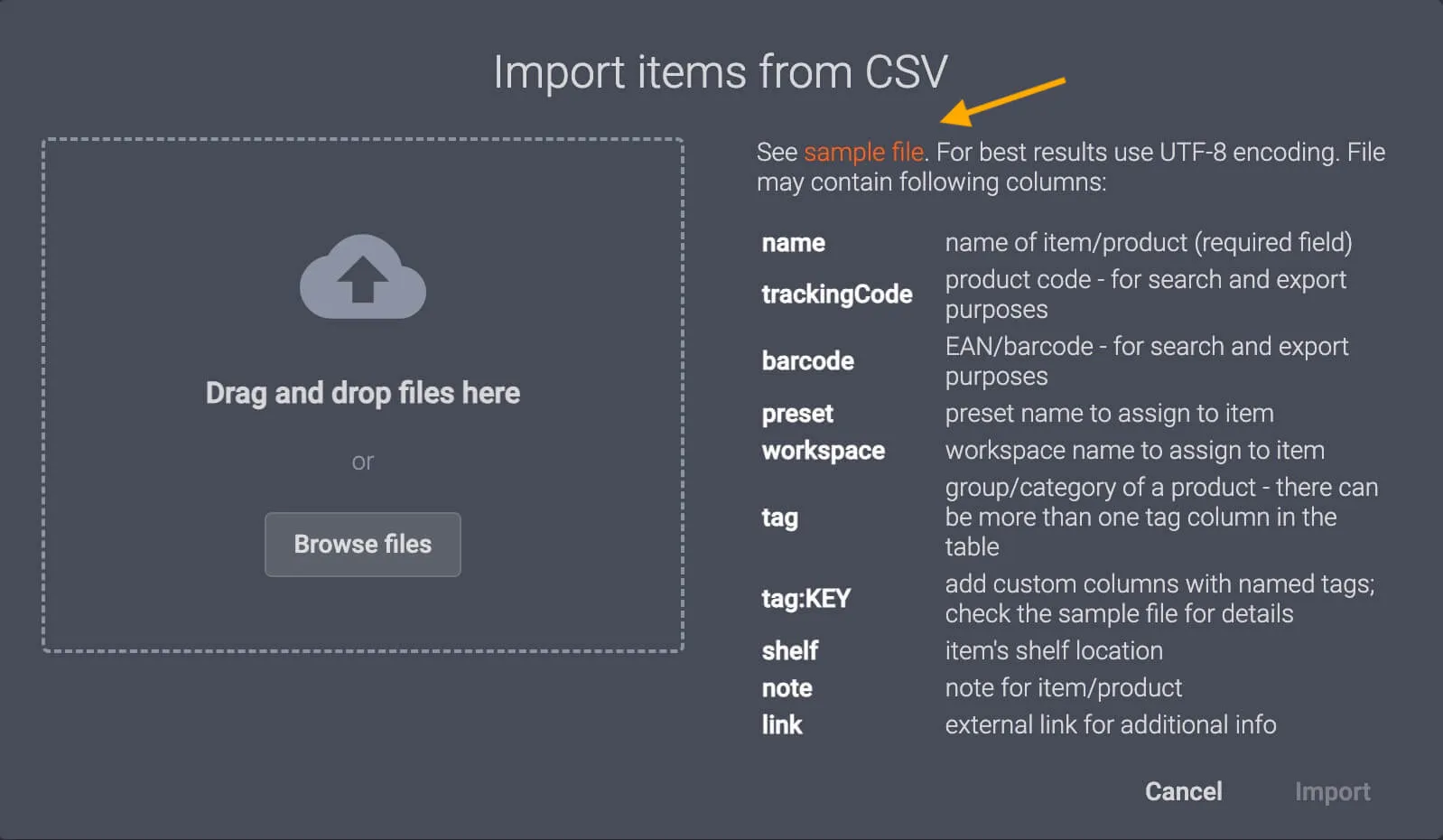 A PhotoRobot Controls Software rendelkezik egy minta CSV-fájllal, amely közvetlenül az alkalmazásból tölthető le.