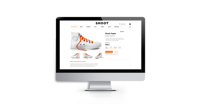 Skootrekenaar skerm vertoon skoene produk bladsy.