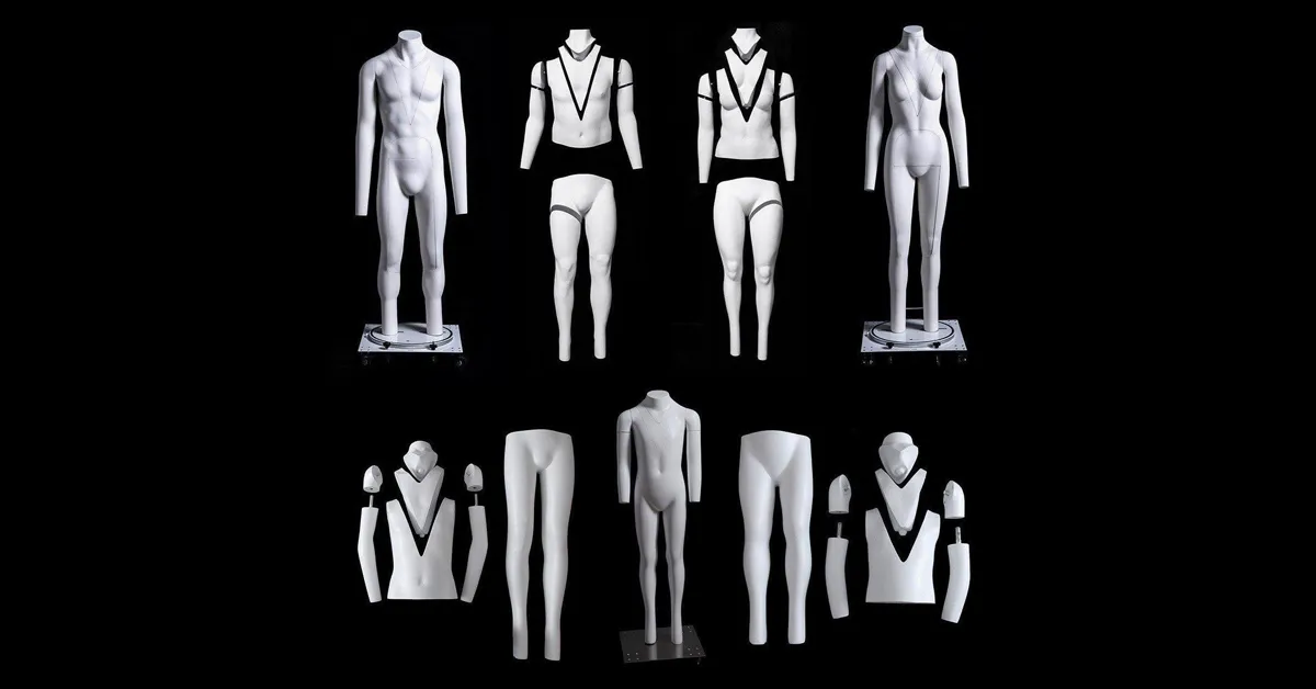 Verskillende konfigureerbare mannequins en verwyderbare stukke.