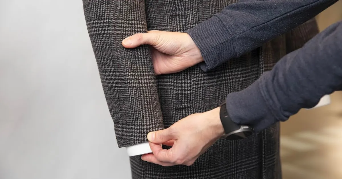 Estilista alisando brazos de chaqueta.