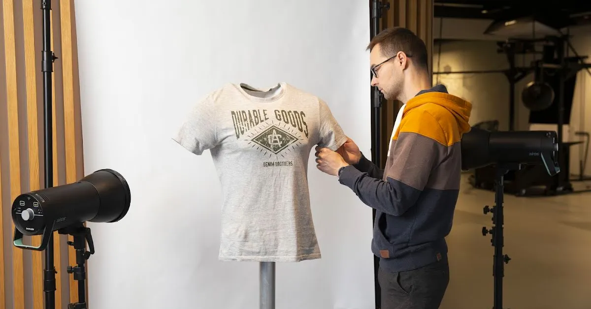 Fotógrafo estilizando una camiseta para sesión de fotos.