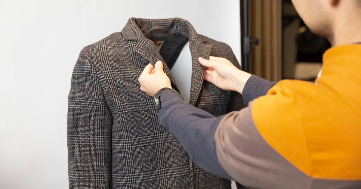 Fotógrafo colocando chaqueta de hombre en maniquí.