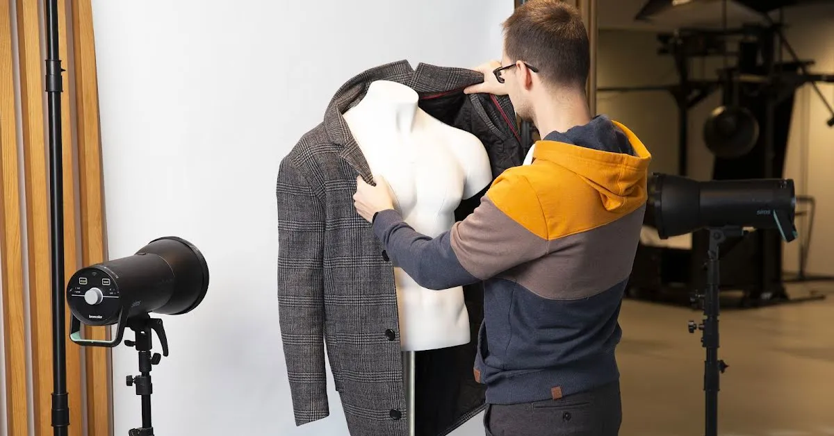 Estilista preparando maniquí para fotografía.
