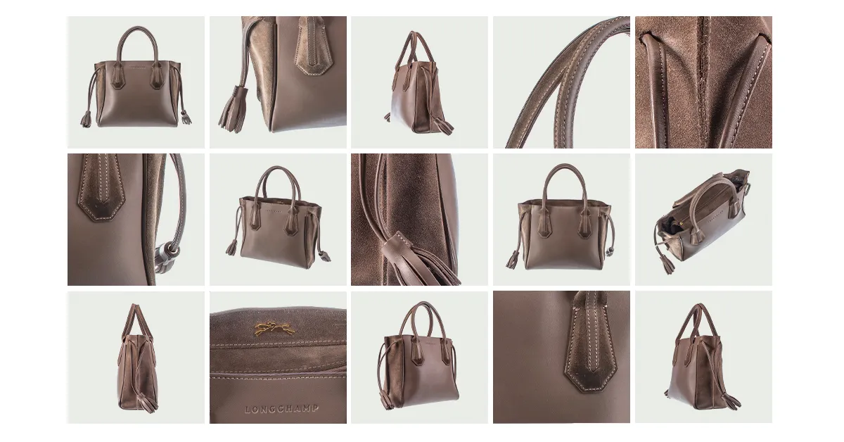Cuadrícula de productos de 3 x 5 que muestra múltiples vistas del bolso.
