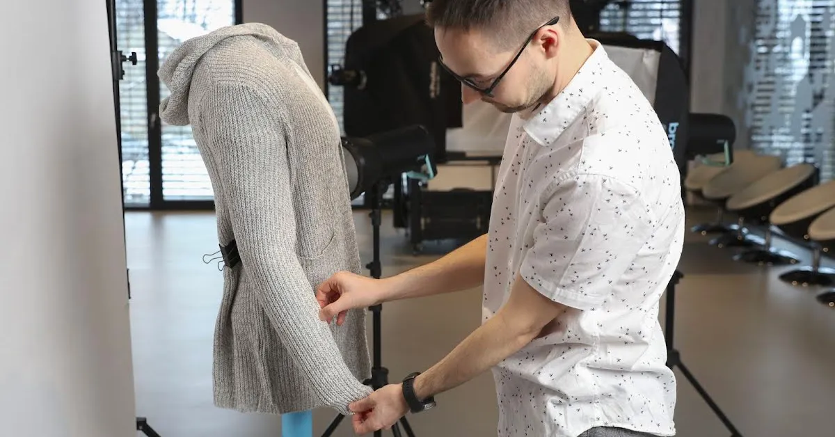 Fotógrafo estilizando ropa en maniquí.