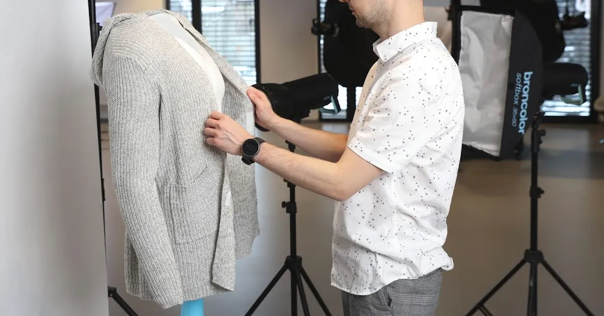Fotógrafo vistiendo maniquí en cárdigan.