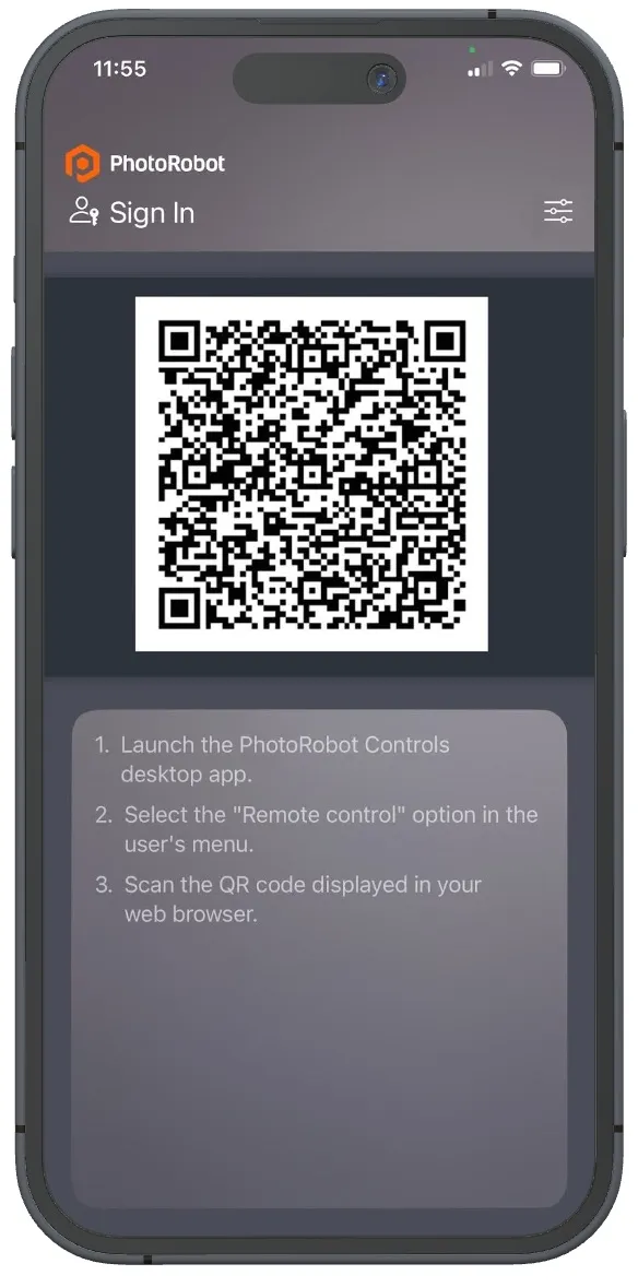 通过二维码登录 PhotoRobot iPhone 应用程序。