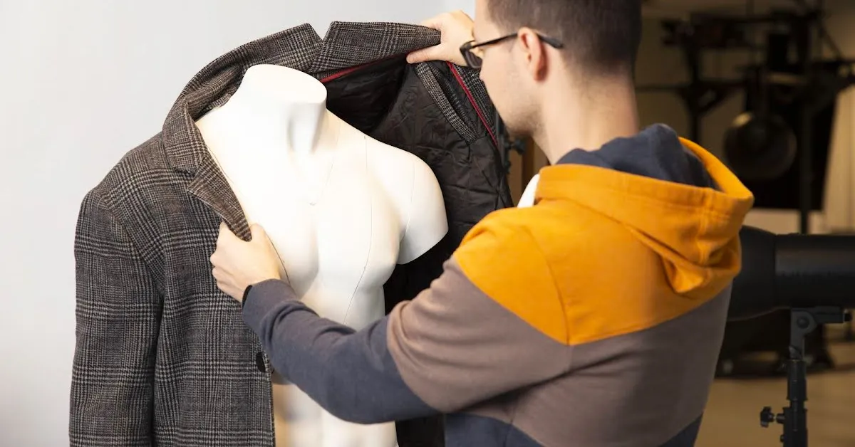 Fotograaf trek moue jas op mannequin.