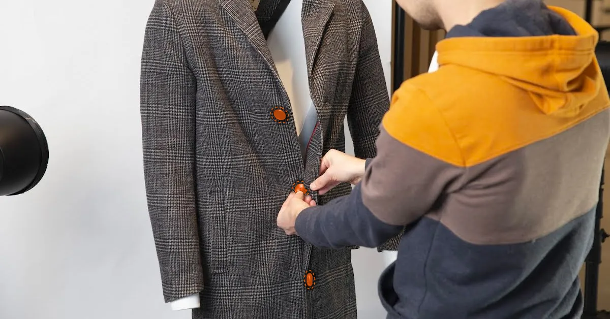 Fotograaf knop jas op mannequin.