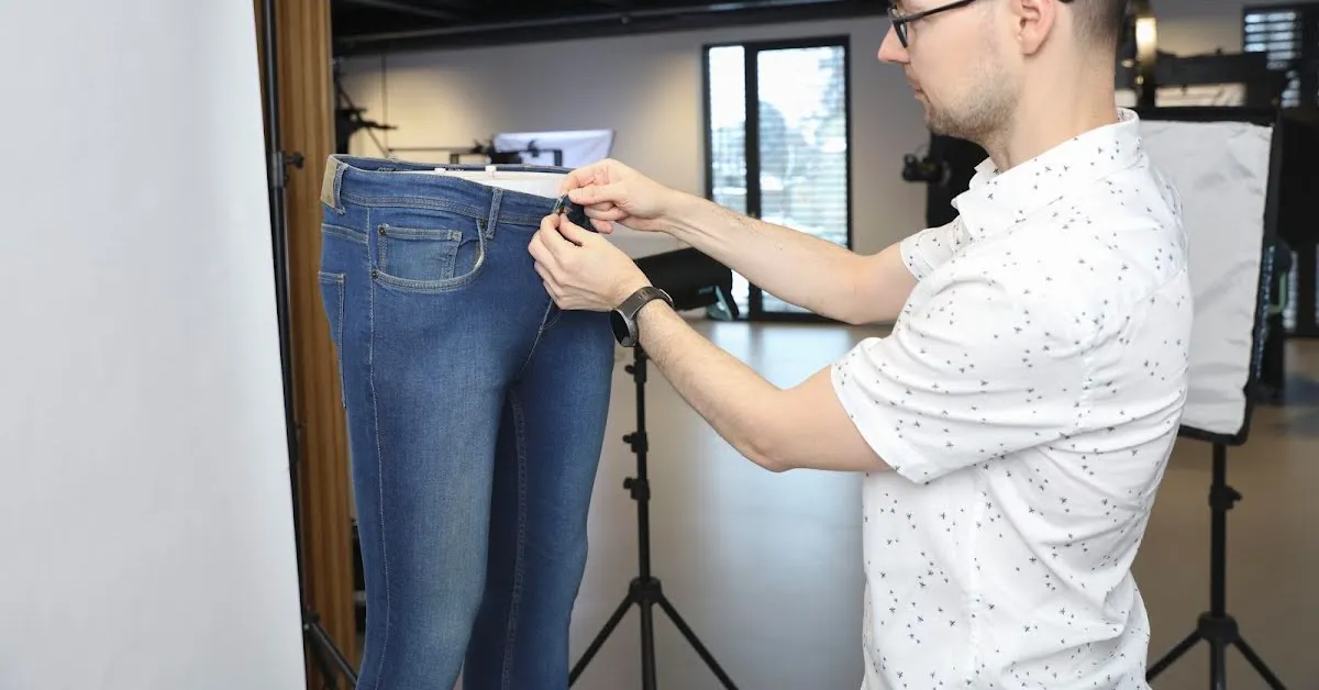 Jeans auf Schaufensterpuppenbeinen zuknöpfen.