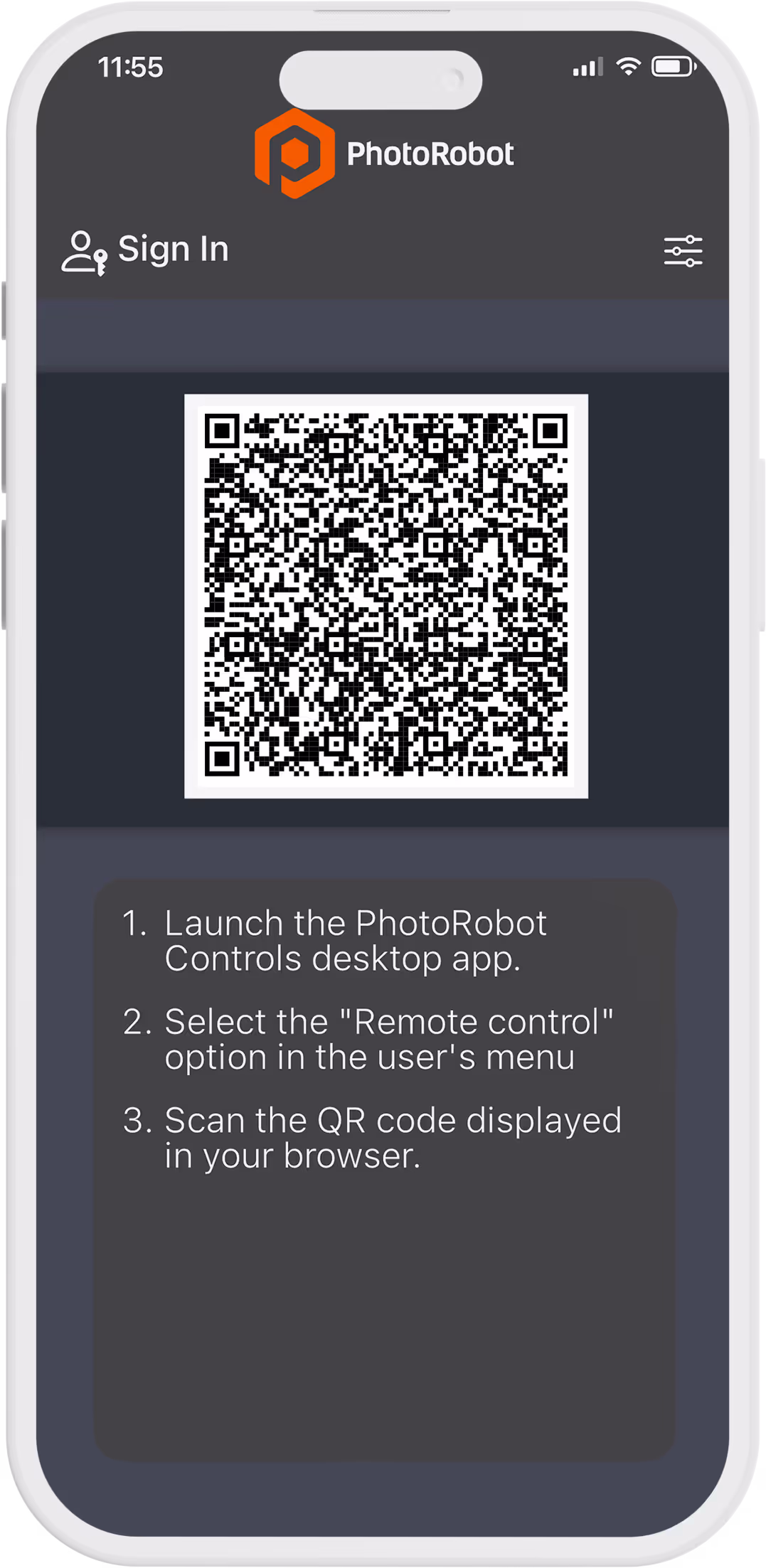 پس از انتخاب Remote Control در برنامه دسکتاپ، PhotoRobot Touch را با ورود به کد QR راه اندازی کنید.
