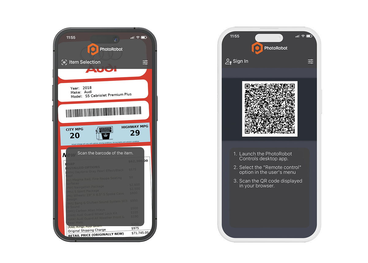 Paleiskite "iPhone" programą naudodami QR kodo prisijungimą ir elementų pasirinkimą pagal brūkšninį kodą.