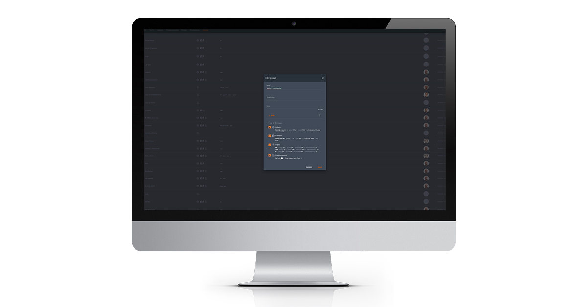 Brugergrænseflade til produktfotograferingssoftware.