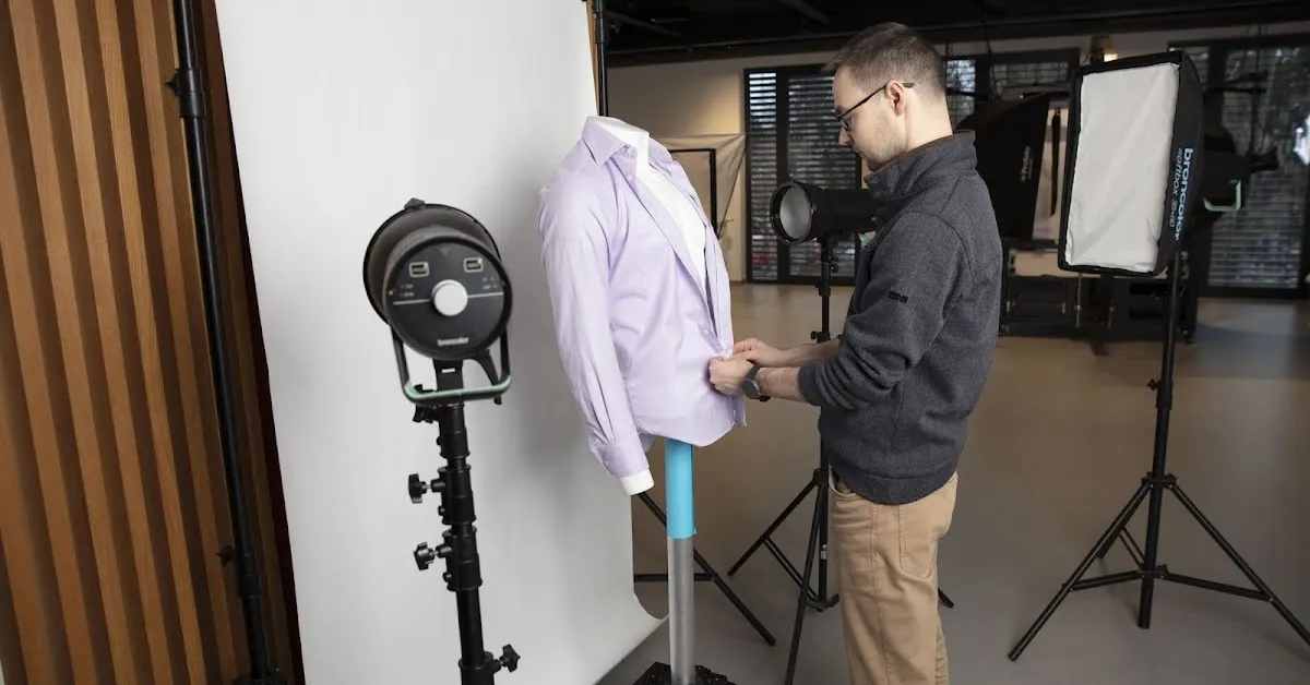 Vista a distancia del fotógrafo, estudio, maniquí y camisa.