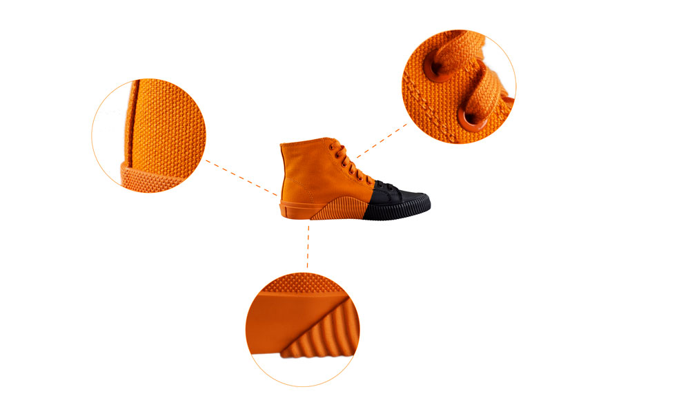 Zoom views of shoe details: laces, material, sole.