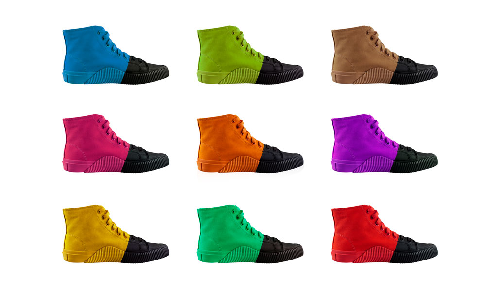 3 x 3 product photo grid of multi-colored shoes.