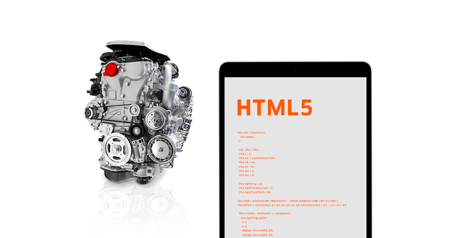 Enjin langs mobiele skerm wat HTML5-tegnologie vertoon.