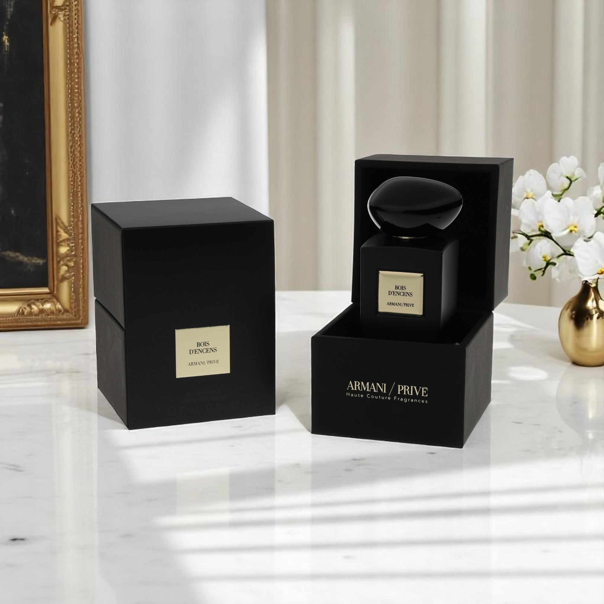 Armani parfume sidder på et marmorbord med en baggrund, der matcher dens udseende og livsstil.