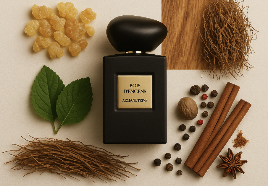 Et rigtigt foto af Bois D'Encens af Armani/Prive bliver et AI-genereret produktbillede og baggrund.